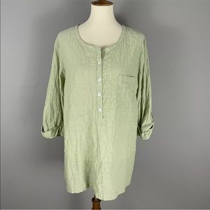 Habitat Green Textured Tunic Top Sz L Lagenlook Blouse Split Back 3/4 Sleeve